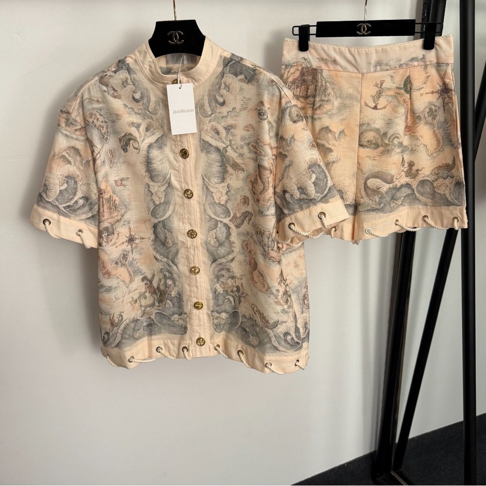 Zimmermann Beige and Gray Patterned Short Sleeve Top - Picture 1 of 9